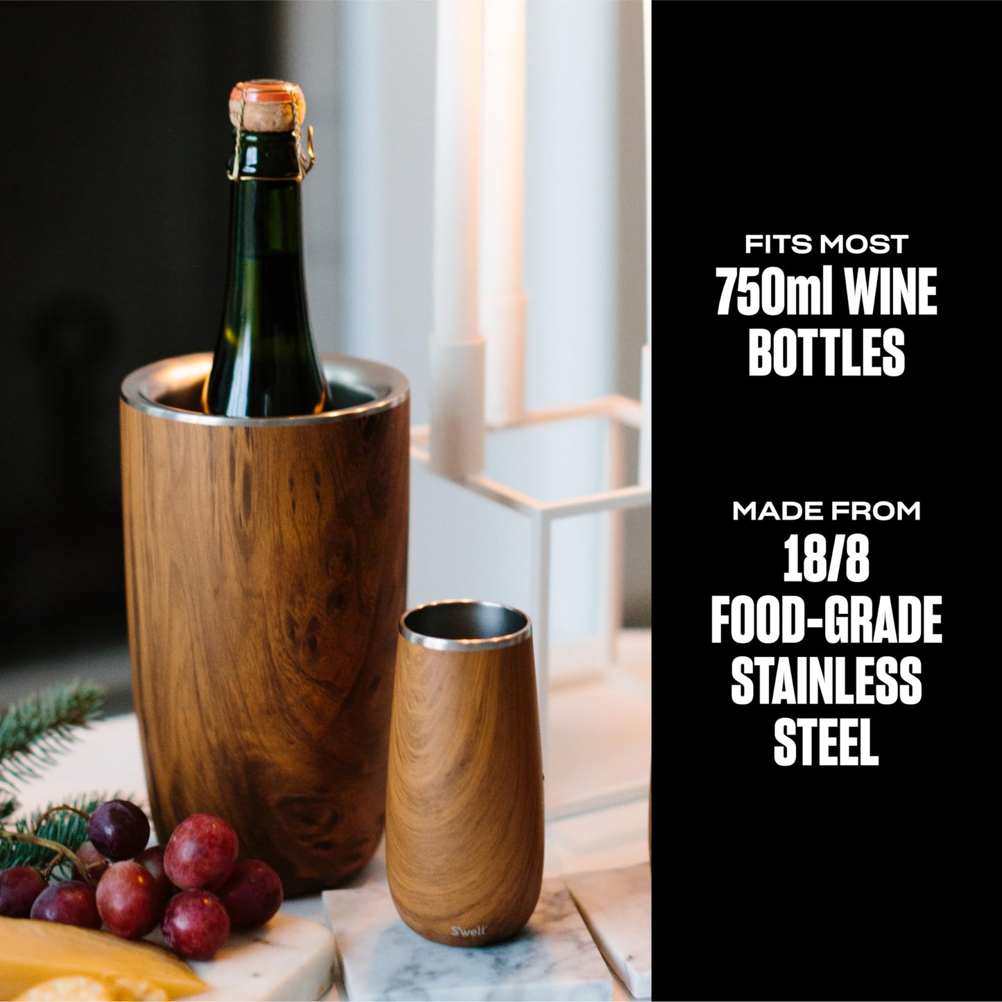 S'well Stainless Steel Wine Chiller, Holds 750ml Bottle, Teakwood, Triple Layered Vacuum Insulated Container Keeps Bottles Chilled for Longer, BPA Free Barware