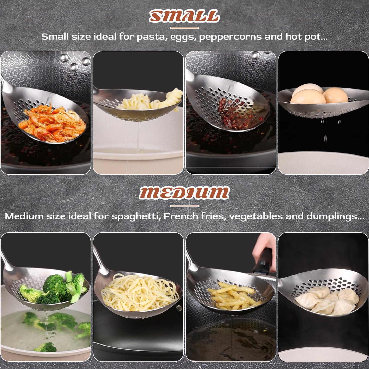 MARTE Skimmer Slotted Spoon,304 Stainless Steel Pasta Spider Strainer Ladle for Frying and Cooking,Kitchen Colanders & Food Strainers Set of 2，Slotted Spoon with Heat-Resistant Solid Wood Handle