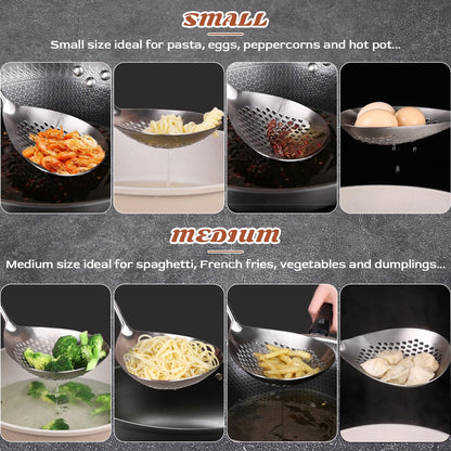 MARTE Skimmer Slotted Spoon,304 Stainless Steel Pasta Spider Strainer Ladle for Frying and Cooking,Kitchen Colanders & Food Strainers Set of 2，Slotted Spoon with Heat-Resistant Solid Wood Handle