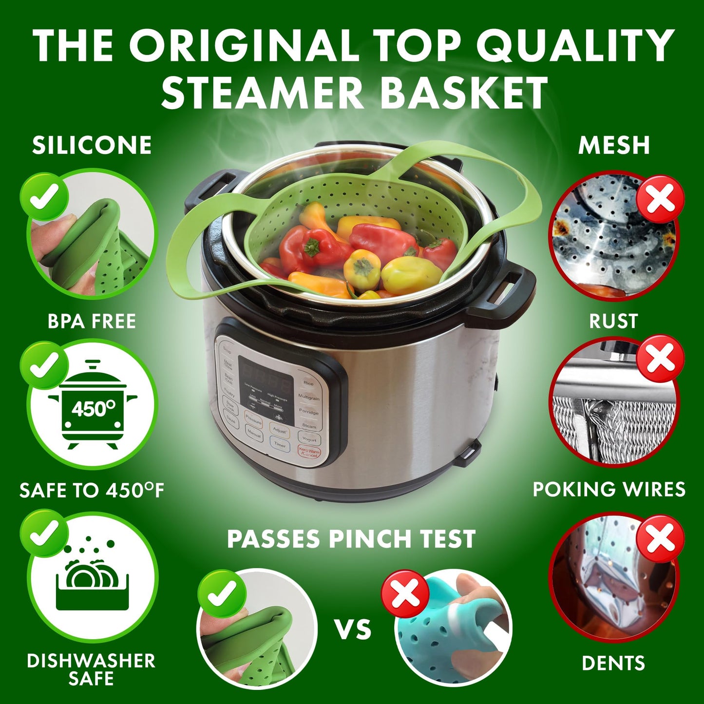 Avokado Silicone Steamer Basket for 6qt Instant Pot [3qt, 8qt avail], Other Pressure Cookers - 100% Food Safe, BPA-Free, Dishwasher Safe Collapsible Vegetable Steamer Basket & Strainer