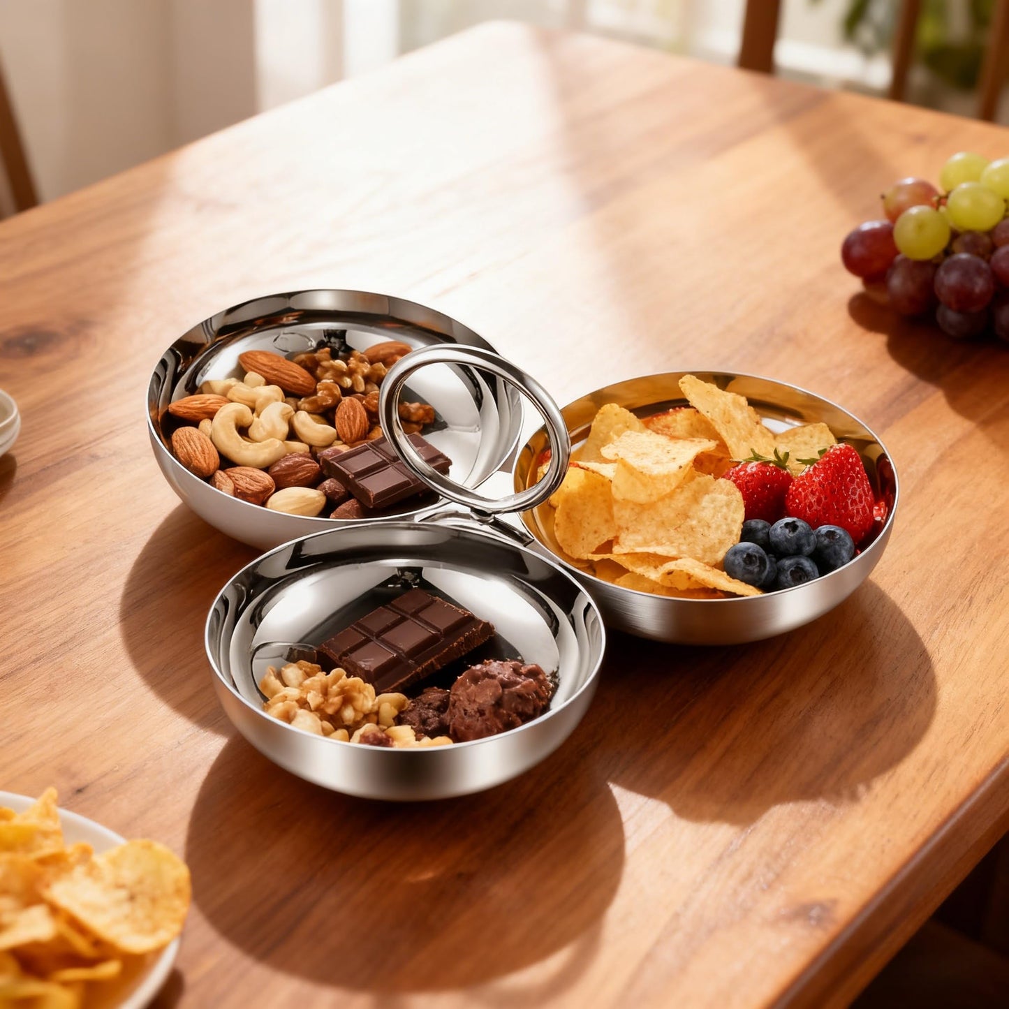 chhcjqyyf Cluster Serving Bowls 3 in 1 Silver Stainless Steel Snack Bowls Connected Fruit Tray Snack Plate for Home Kitchen Party Reusable Portable Ring Style Dessert Bowl Set