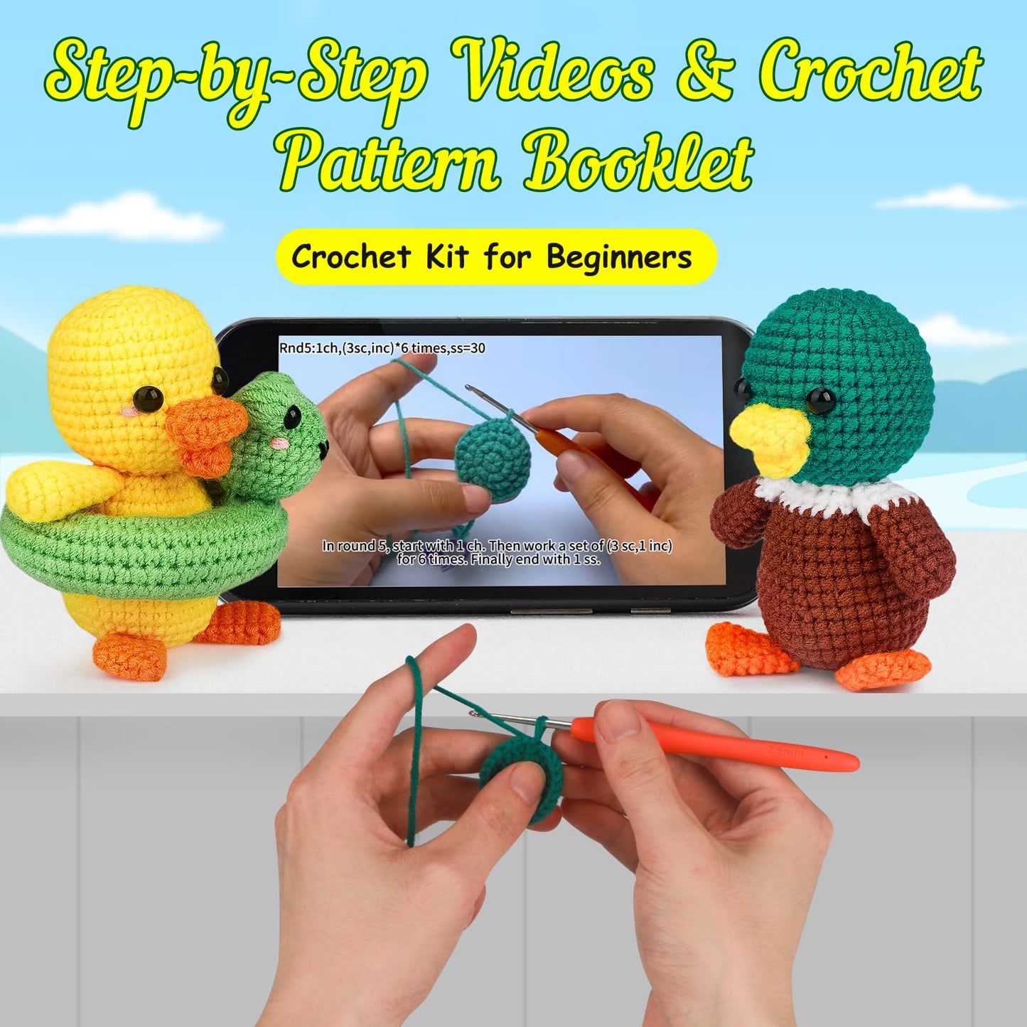 ekaus Crochet Kit for Beginners, Crochet Kit with Step-by-Step Video Tutorials, Crochet DIY Knitting Supplies for Adults, Crochet Ducks(45%+ Yarn)