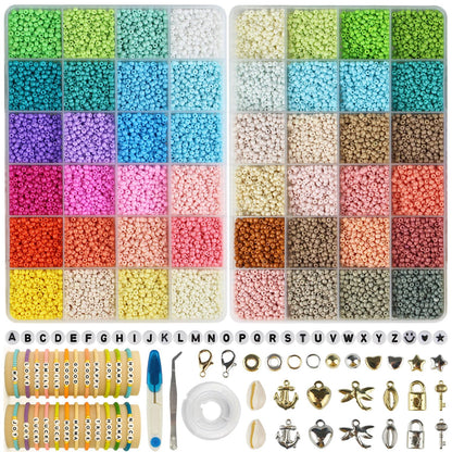 ALIRICH 21600Pcs 3mm Glass Seed Beads for Jewelry Making, 48 Colors Crafts Bead Kit with Letter Smile Face Star Love Heart Beads, Gold Silver Findings Beads for DIY Art Bracelets Necklaces for Women