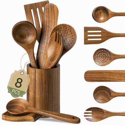 FYCTIO Wooden Utensil Set 8 PCS - Natural Non-Toxic Acacia Wooden Spoons for Cooking, Nonstick, Sturdy,Easy to Clean, Wood Kitchen Utensils Set with Holder, Spoon Rest, Ideal for Gifting
