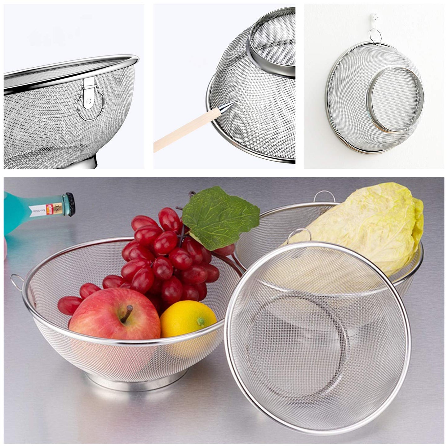 2 Pack Stainless Steel Mesh Colander Kitchen Fine Mesh Strainer Bowl Straining Screen Basket Drainer Rice Washing Bowl Colander Sieve Sifters for Rice, Pasta, Noodles, Vegetables, Fruits