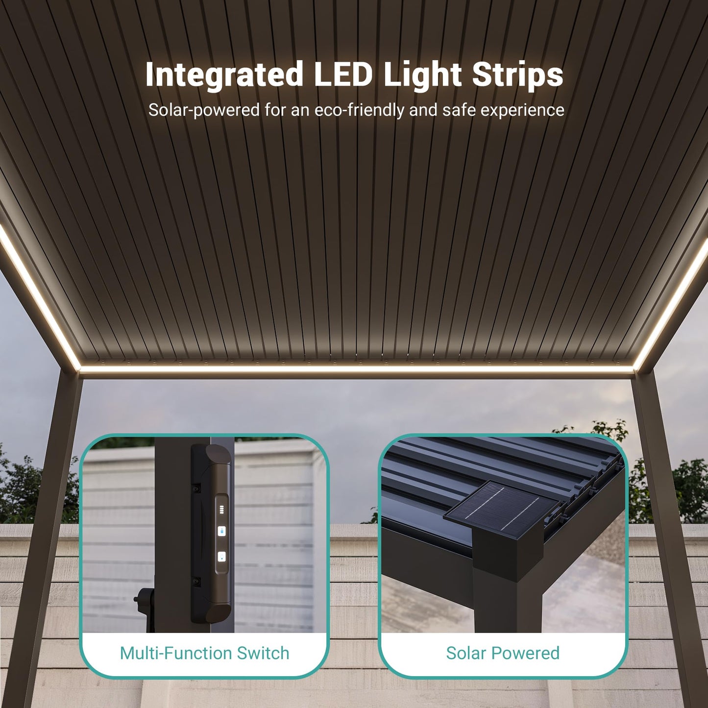 SANLUCE Patio LED Louvered Pergola, 12x14 Ft Outdoor Metal Pergolas with Adjustable Roof and LED Strip Lights, Easy Assembly Outdoor Pergola for Patio, Garden, Deck, Backyard(Brown)