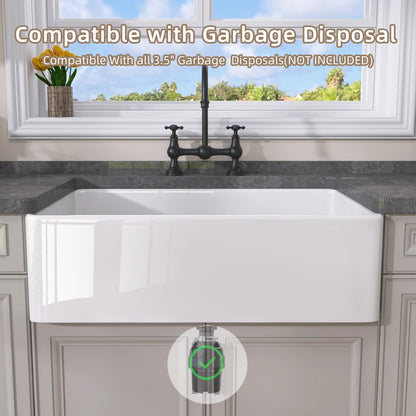 GETPRO White Farmhouse Kitchen Sink 30 inch Fireclay Apron Front Farm Sink Undermount Single Bowl Reversible Farmer House Style Kitchen Basin with Modern Accessories