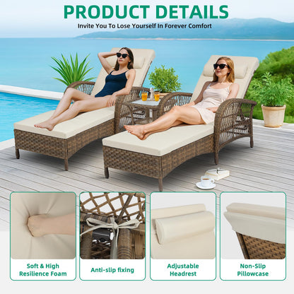 VIVIJASON 3 Pieces Outdoor Wicker Chaise Lounge Chair Set, All-Weather PE Rattan Cushioned Patio Lounger Set of 2 with Side Table, Adjustable Pool Sunbathing Recliner with Armrest & Pillow, Beige