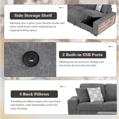 109-Inch U-Shaped Sleeper Sectional Sofa with Pull Out Sleeper Couch Bed for Living Room, Chenille Upholstered U-Shaped Corner Sleeping Sofabed W/Storage Chaise, USB Ports