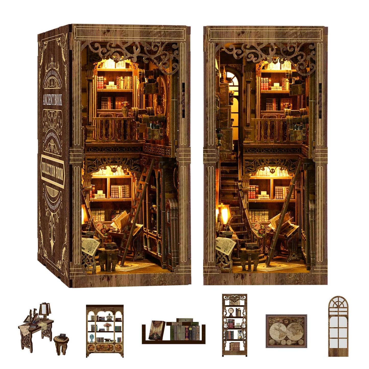 Book Nook Kit, Book Nook for Adults 3D Wooden Puzzle with Sensor Led Light,DIY Miniature House Kit Bookshelf Insert Decor for Adults Booknook Model Kits
