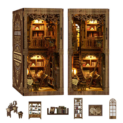 Book Nook Kit, Book Nook for Adults 3D Wooden Puzzle with Sensor Led Light,DIY Miniature House Kit Bookshelf Insert Decor for Adults Booknook Model Kits
