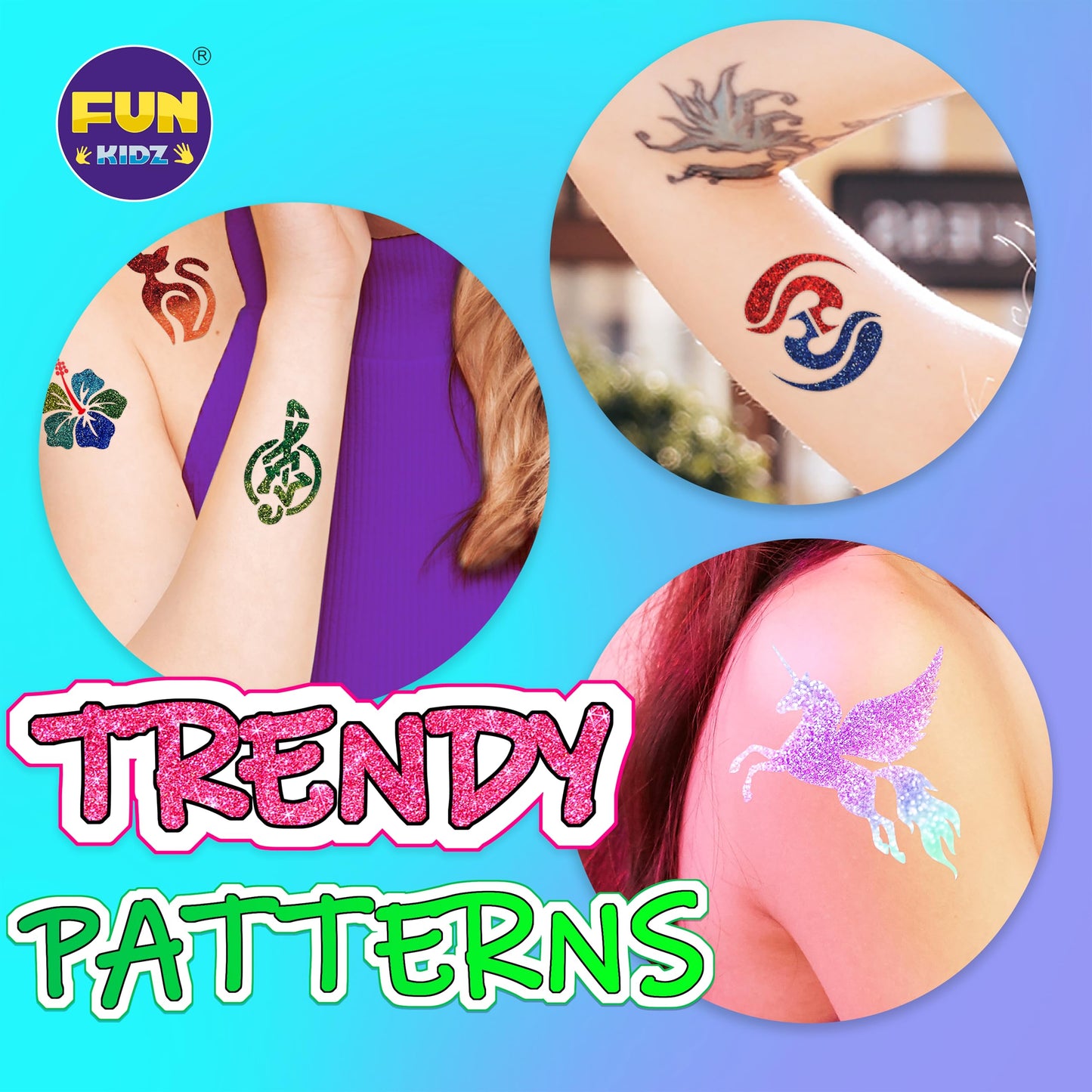 Tattoo Kit for Kids Ages 8-12, FunKidz 6 Double Tips Sparkle Brush Body Art Markers for Skin Plus Temporary Glitter Tattoo Kits With 106 Cute Tattoo Stencils Tattoo Glues Cool Presents for Tween Girls