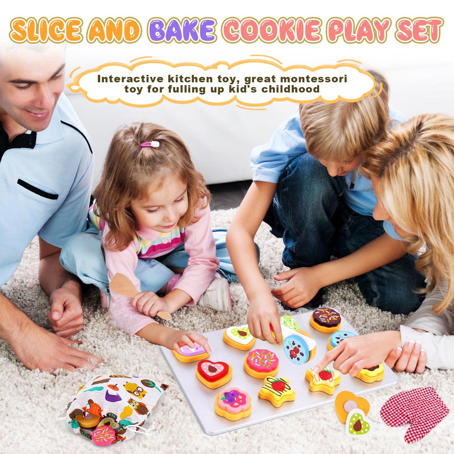 Slice and Bake Wooden Cookie Play Food Set for Kids Kitchen - Toy Food Accessories - Kids Pretend Cookies and Baking Sheet, Toy Baking Set for 3+ Year Old Boys Girls Birthday Gifts