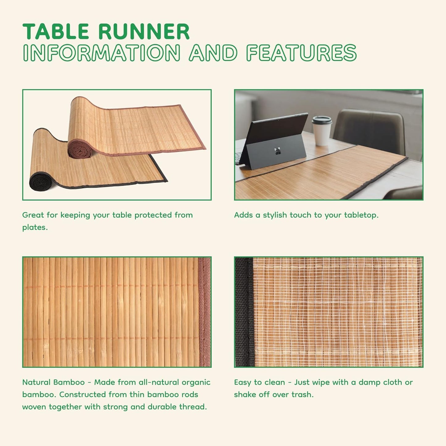 2 BambooMN Natural Slat Bamboo Table Runner with Fabric Border, Home Decor - Brown with Brown Border - Piece