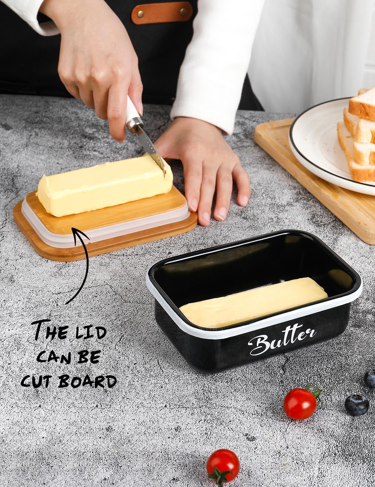 Butter Dish with Lid for Countertop, AISBUGUR Metal Butter Keeper with Stainless Steel Multipurpose Butter Knife, Butter Container with Double High-quality Silicone Good Kitchen Gift Set of 2 Black