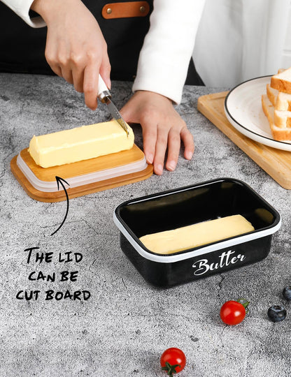 Butter Dish with Lid for Countertop, AISBUGUR Metal Butter Keeper with Stainless Steel Multipurpose Butter Knife, Butter Container with Double High-quality Silicone Good Kitchen Gift Set of 2 Black