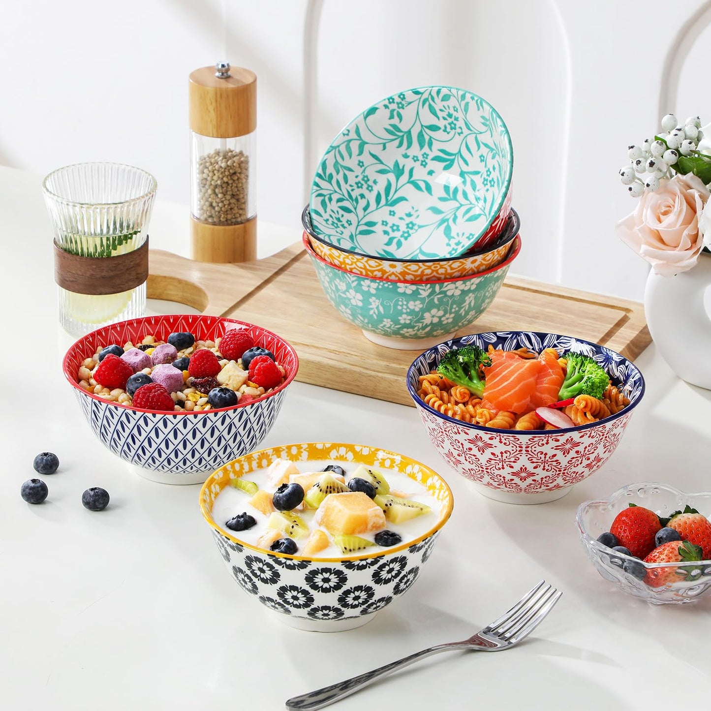 vancasso SELENE 24 oz Cereal Bowls set of 6, Ceramic Soup Bowls for Kitchen, Dishwasher & Microwave Oven Safe- for Cereal, Soup, Pasta, Salad, Vivid Floral Design Bowl Set