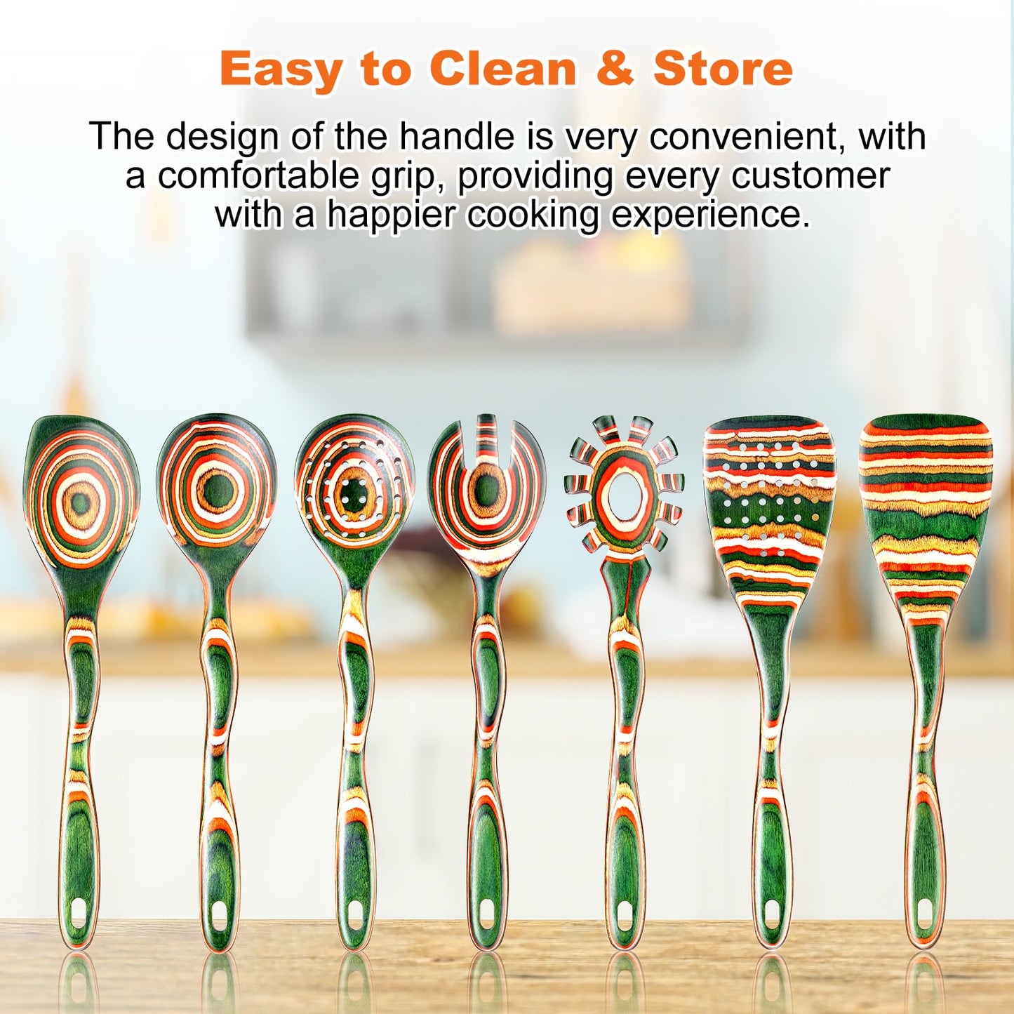 NAYAHOSE 7Pcs Pakkawood Kitchen Utensils Set for Cooking, Wooden Spoons for Cooking, Safe Eco-Friendly, Non-Stick, Wooden Utensil for Cooking,Wooden Cookware Set, Housewarming Kitchen Gifts, Green