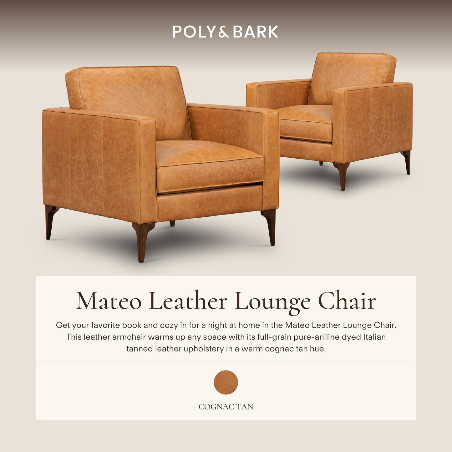 Poly & BARK Mateo Leather Lounge Chair – Cognac Tan Full-Grain Leather Upholstery – Modern Upholstered Accent Chair for Living Room or Bedroom – Indoor Lounge Seating with Timeless Comfort