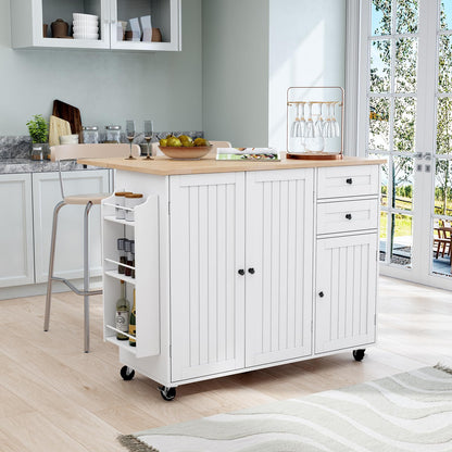 HLR Kitchen Island with Storage, White Rolling Kitchen Island on Wheels with Drop-Leaf Bar Countertop, Island Table for Kitchen with Side Open Spice Rack and Tower Rack, Extra Storage for Kitchen