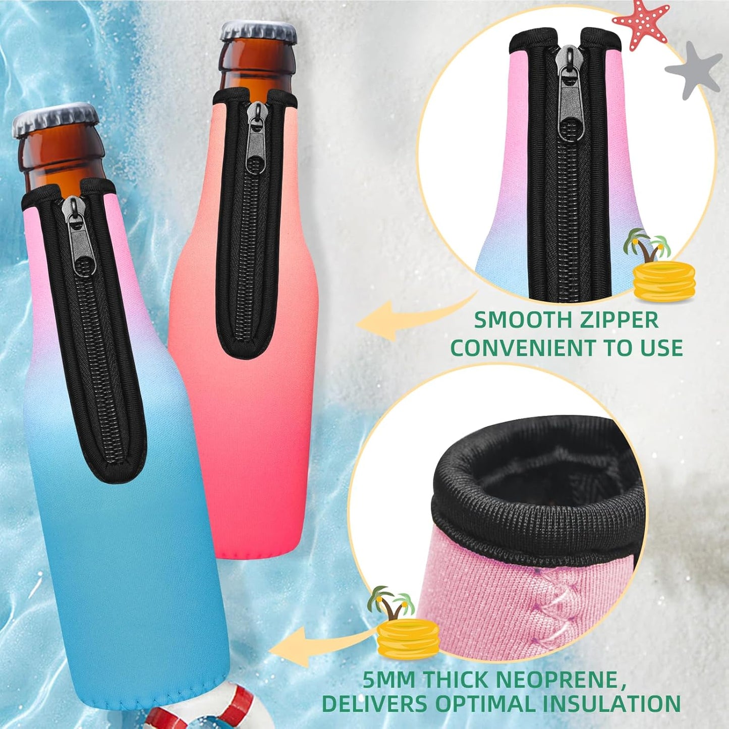12 OZ Color,24 Pack) Beer Bottle Cooler Sleeves,Standard Zip-up Extra Thick Neoprene Insulated Sleeve-Keep Beer Cold