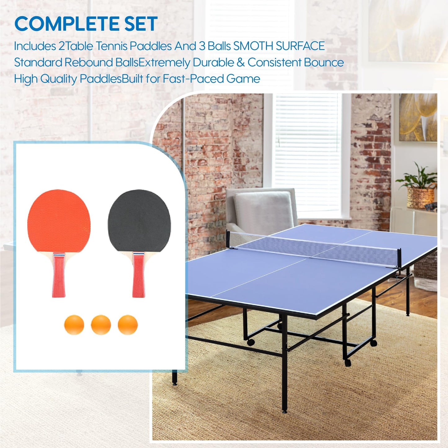 Ping Pong Table for Indoor/Outdoor, 9X5FT Foldable Table Tennis Table with Net, 2 Table Tennis Paddles and 3 Balls - Easy Assembly - Tournament Quality - Perfect for Family Game Rooms