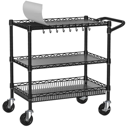 Folews Heavy Duty Rolling Cart with Wheels, 3 Tier Commercial Grade Utility Cart, Metal Storage Organizer Trolley with Handle Bar & Shelf Liner for Pantry, Laundry Room & Household Supplies, Black
