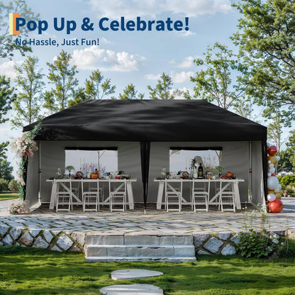 GarveeLife 10x20 Pop Up Canopy with 4 Sidewalls - Heavy Duty Outdoor Canopy Tent with Portable Roller Bag - 3 Adjustable Height, 4 Weight Bags, 8 Stakes & 6 Guy Ropes Included, Black