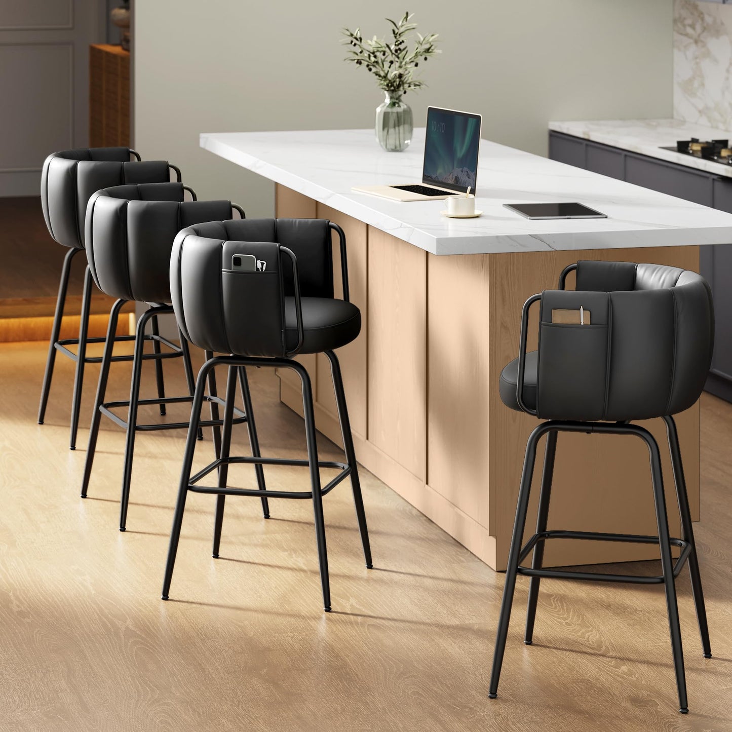 SONGMICS HOME 360° Swivel Bar Stools Set of 4, Barstools with Curved Back, Upholstered Counter Bar Stools with Footrest, Metal Tapered Legs, for Kitchen Island, Dining Room, Ink Black ULBC123BH01S-2J