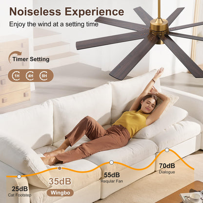 WINGBO 64 Inch Ceiling Fan with Light - 8 Plywood Blades, 6-Speed Reversible DC Motor, Noiseless Remote Control Ceiling Fans with Lights for Bedroom Living Room Kitchen, Gold and Walnut/Black