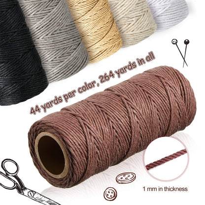 6 Rolls Thread Cord Set Flax String Cord Twine String Rope for Handmade Craft, Bracelets Keychains Making Accessories, 1 mm, 264 Yards in Total (Black, White, Dark Brown, Dark Gray, Khaki, Beige)
