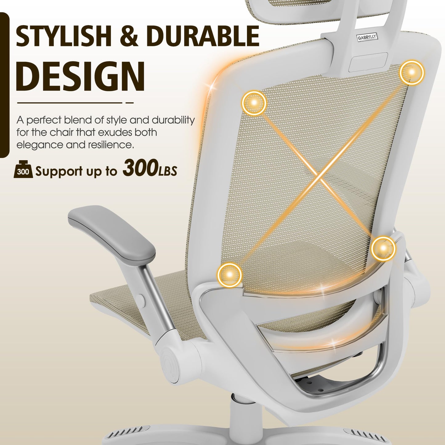 GABRYLLY Ergonomic Office Chair, High Back Home Desk Chair with Headrest, Flip-Up Arms, 90-120° Tilt Lock and Wide Cushion, 300LBS Mesh Chairs for Man Woman, White Task Chair(Beige,GY01WBG)