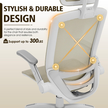 GABRYLLY Ergonomic Office Chair, High Back Home Desk Chair with Headrest, Flip-Up Arms, 90-120° Tilt Lock and Wide Cushion, 300LBS Mesh Chairs for Man Woman, White Task Chair(Beige,GY01WBG)