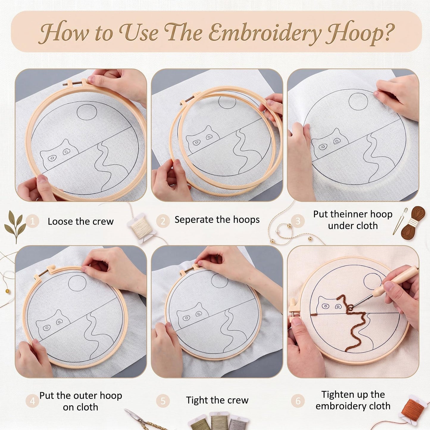 XunYee 4 Sets DIY Punch Needle Kits for Adult Beginners Cute Cat with Flower with Hoop Punch 8 Inch DIY Needle Embroidery Sets Starter Craft Set Easy for Adults Children Festival Gift Decoration