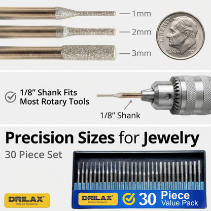 Drilax Diamond Drill Bits for Stone and Glass – 30 Pc Set (1mm, 2mm, 3mm) 1/8 Shank for Dremel & Rotary Tools – Jewelry Making, Gemstone, Sea Glass and Lapidary Drill Bits Kit