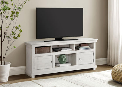 Coaster Home Furnishings - Payne - Wood - TV Stand with Two Door Cabinets, Shelves, Roughhewn Details and Farmhouse Style - Living Room - 60-Inch - Distressed White - 710052