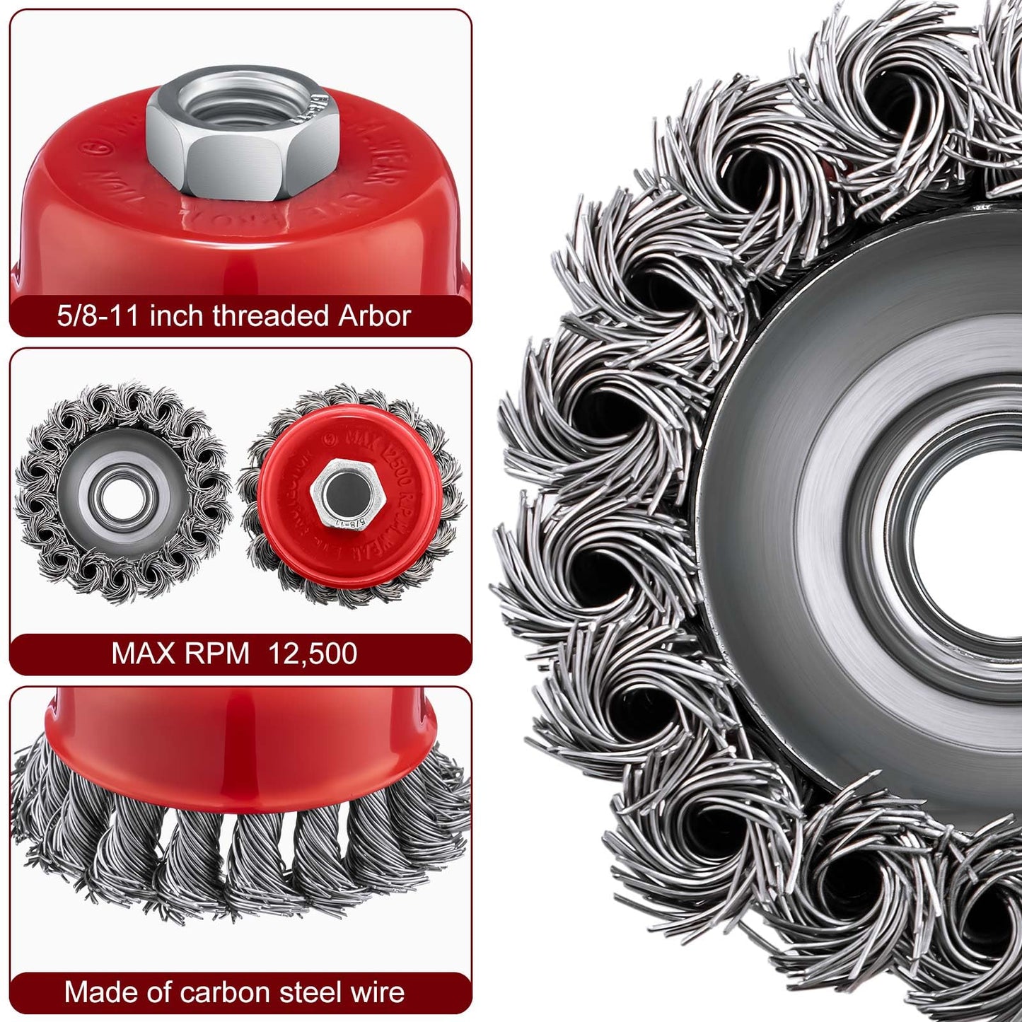 Tandefio 36 Pcs 3 Inch Wire Wheel Cup Brush with 5/8"-11 Threaded Arbor for 4 1/2 Angle Grinder Knotted Wire Cup Brush for Heavy Cleaning Rust Removal