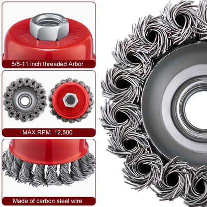 Tandefio 36 Pcs 3 Inch Wire Wheel Cup Brush with 5/8"-11 Threaded Arbor for 4 1/2 Angle Grinder Knotted Wire Cup Brush for Heavy Cleaning Rust Removal