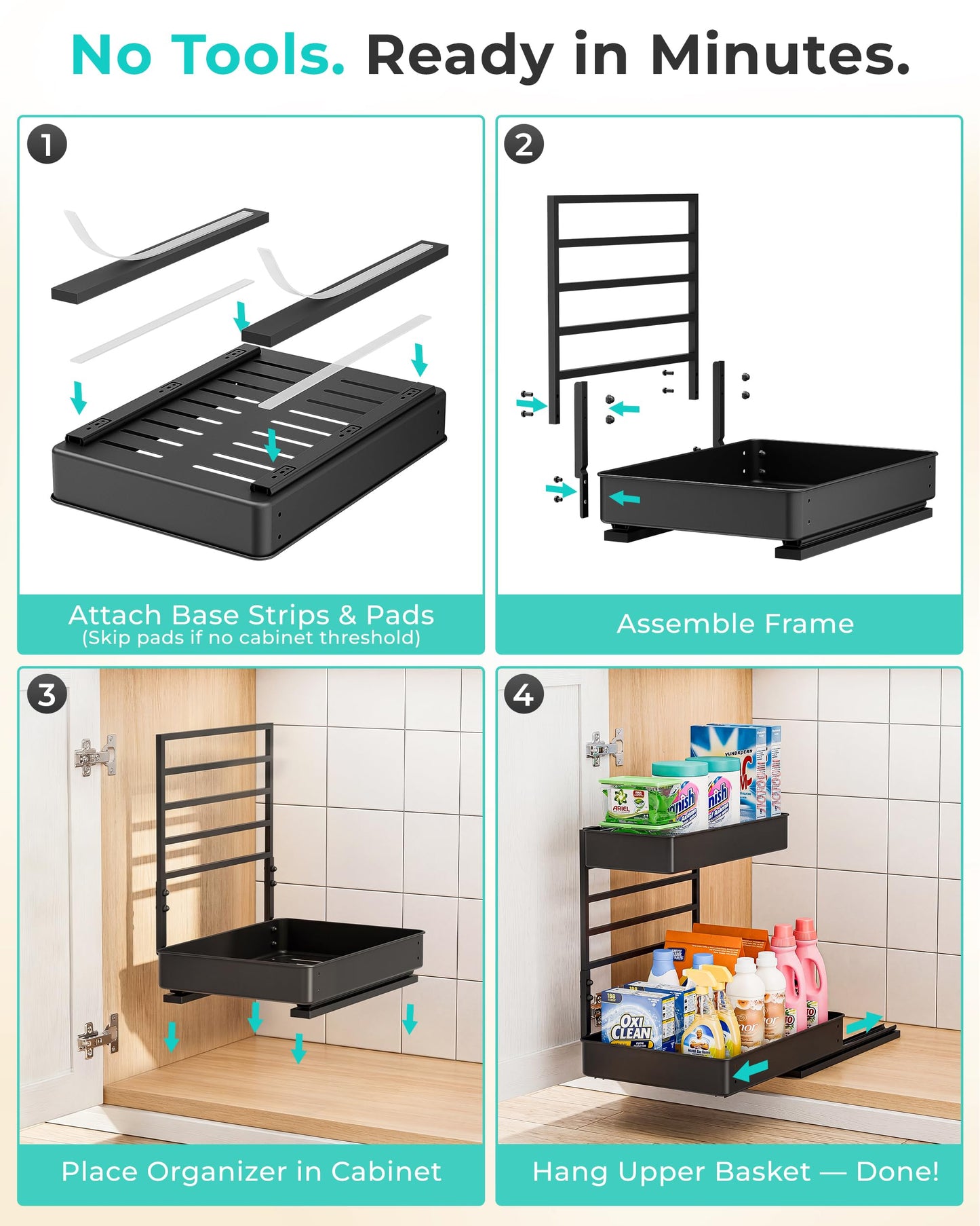 EVERIE Height Adjustable 2 Tier Metal Pull Out Slide Shelf Organizer for Under Sink Cabinets in Kitchen, Bathroom, with Snap-on Top Tray, 16" Deep (Black, 2 Sets)