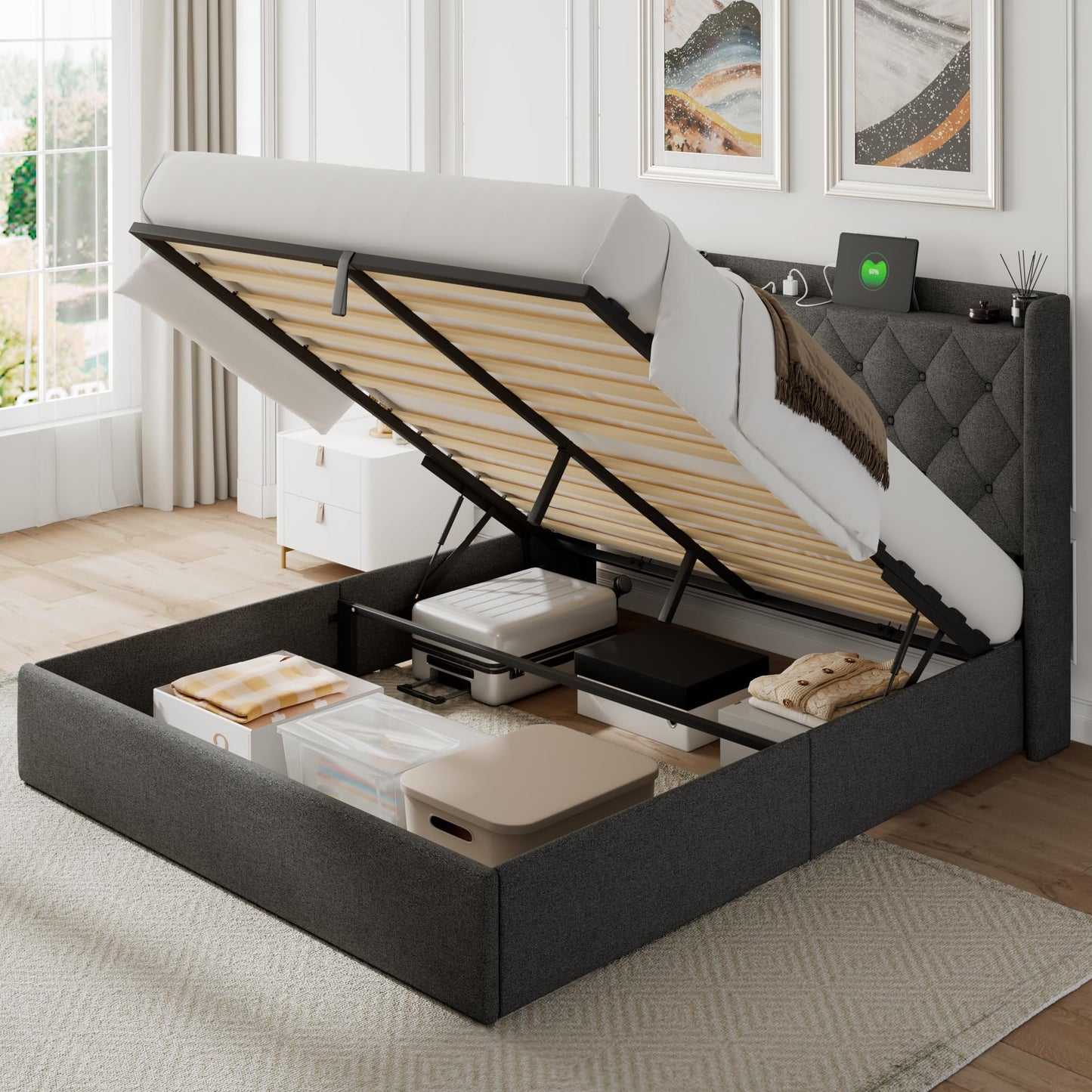 Feonase Queen Bed Frame with Storage & Charging Station - Hydraulic Lift Up Platform Bed, Upholstered Button Tufted Headboard, Sturdy Wooden Slats, Noise-Free, No Box Spring Needed, Dark Gray