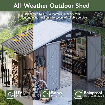 Aoxun 6x10 FT Outdoor Storage Shed with Open Firewood Storage,Galvanized Steel Garden Shed with Lockable Doors,Sloped Roof,Windows, 2 in 1 Large Metal Tool Shed for Patio, Backyard, Lawn (Brown)