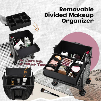 Yueieoun 5 in 1 Makeup Train Case, Cosmetology Case on Wheels Travel Make up Case Rolling Nail Cart Makeup Organizer Cosmetic Storage Box Cases Extra Large Trolley Truck with 360° Swivel Wheels, Black