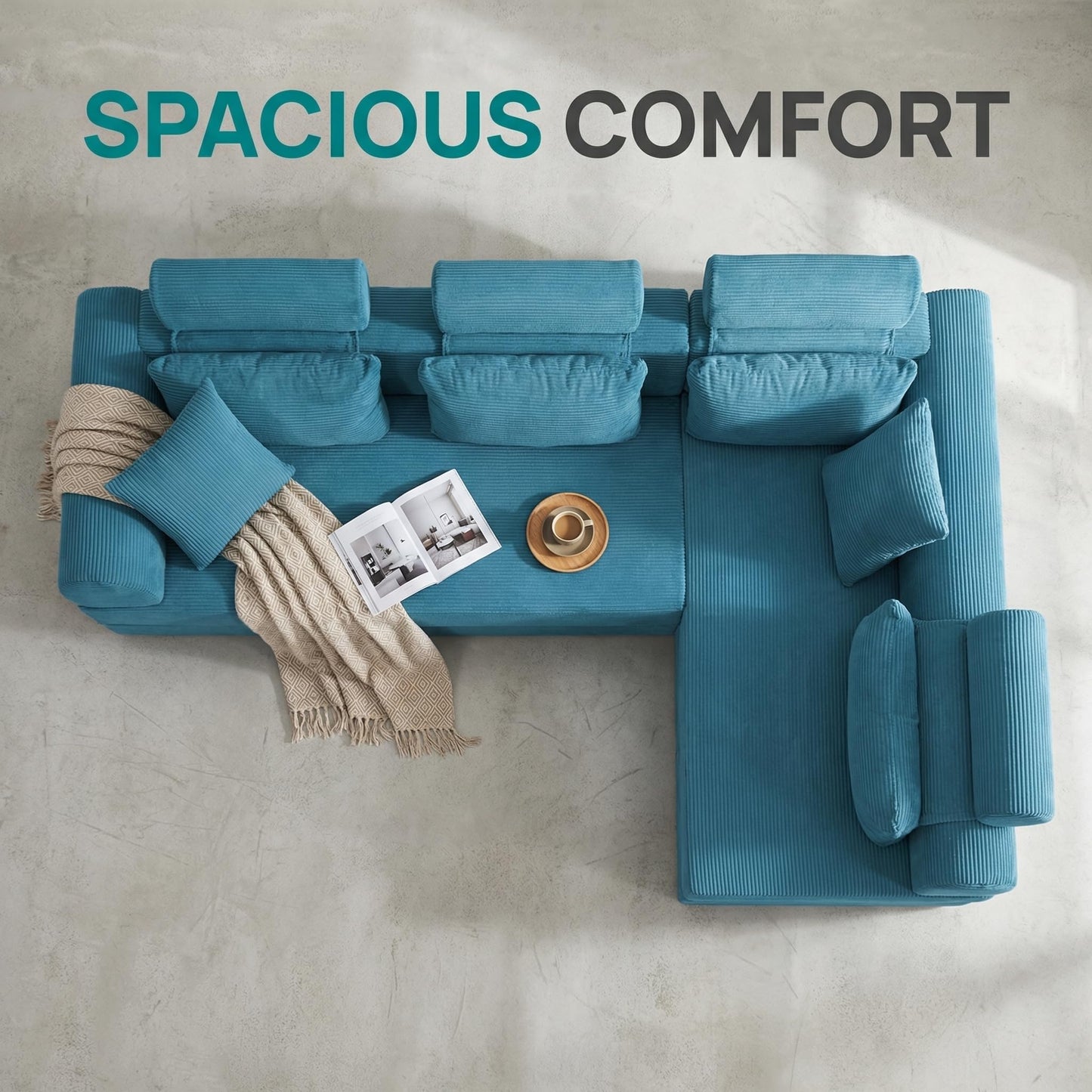 KEIKI 6-in-1 Folding Convertible High Back Sofa Sleeper, 106" Oversized Modular Sectional Corduroy UpholsteredL Shape Couches for Living Room, High-Density Foam Chaise Lounge Indoor, Light Gray