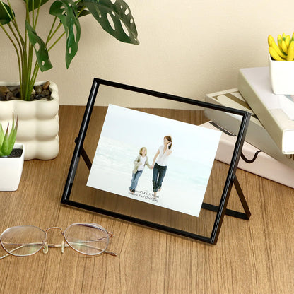 QWORK 6x8 Inch Black Floating Picture Frame Horizontal, Fits 5x7 4x6 3x5 Photos, Glass Double Panel Metal Frame for Tabletop Display
