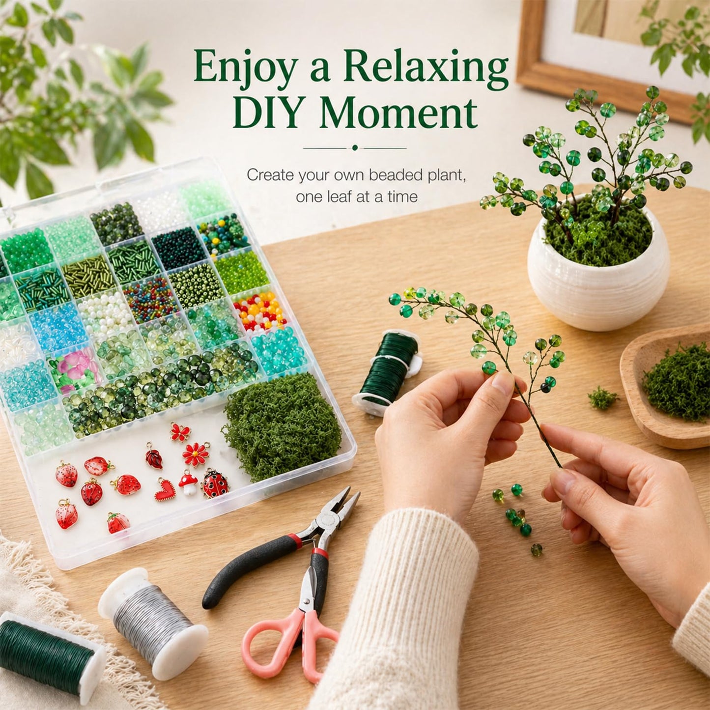 LUFEEMGA Beaded Plant Kit, 5488Pcs Forever Plant Kit with Green Glass Beads, Leaf Beads for Plant Making, Jewelry Making, DIY Craft, Perfect for Mother's Day, Christmas,Gifts ASIN B0GSQFKC1W
