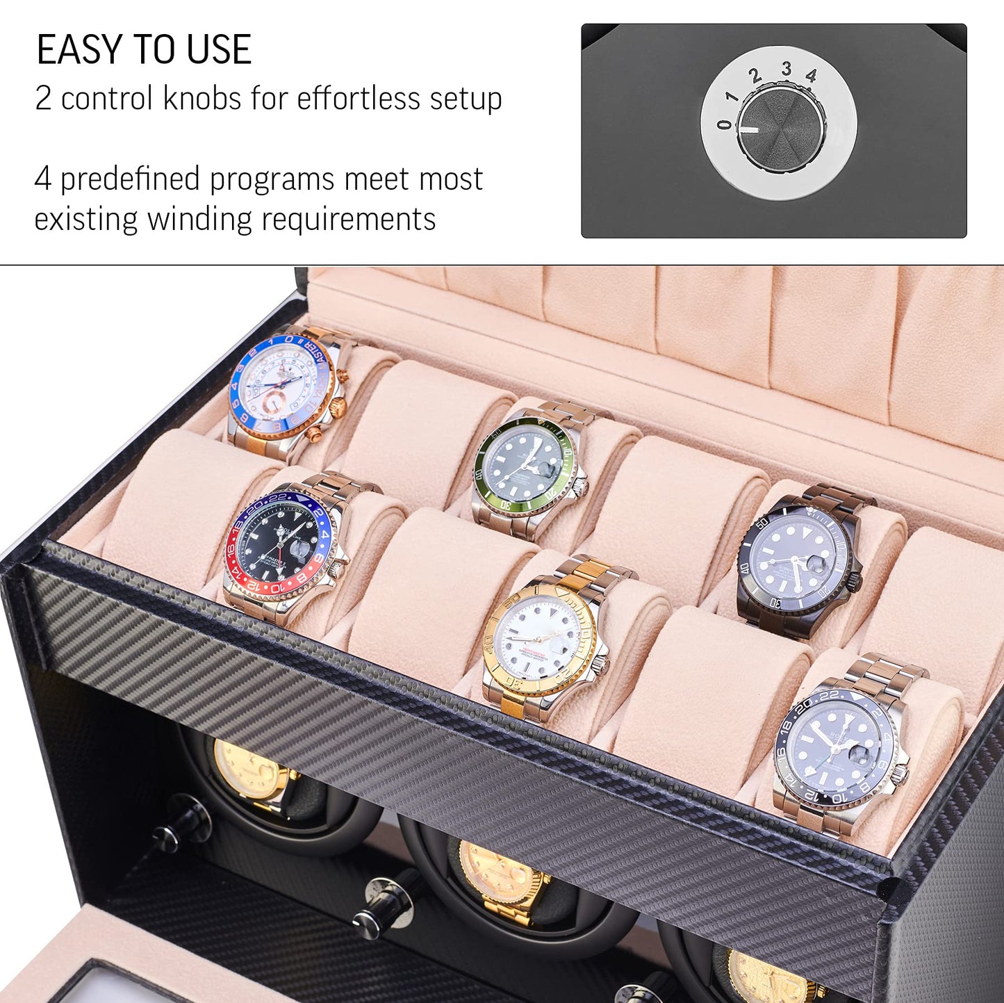 Watch Winder and Storage box for winding 3 Automatic Watches and 12 Watch Storage Space (Black)