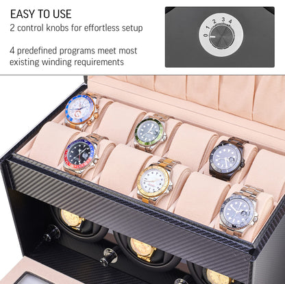 Watch Winder and Storage box for winding 3 Automatic Watches and 12 Watch Storage Space (Black)