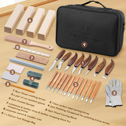 Wood Carving Kit Deluxe, 35-in-1 Whittling Kit for Beginners, With 8PCS Whittling Knives & 12PCS Detail Wood Carving Knives, Black Walnut Wood Handle, Wood Carving Kit for Beginners and Enthusiasts