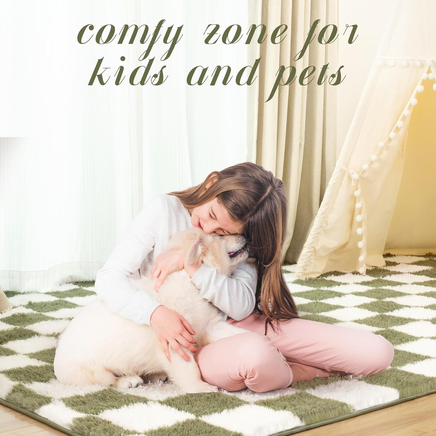 TOOHUB 5x7 Super Soft Rug for Bedroom, Ft Green and White Area Rug Classic Checkered Shaggy Anti-Skid High Pile Soft
