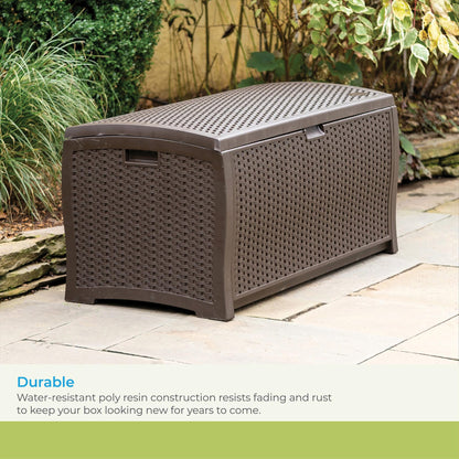 Suncast DBW9200 99 Gallon Outdoor Wicker resin Patio Storage Chest Bin with Handles for Patio, Garden, Garage, or Pool for All Weather, Mocha